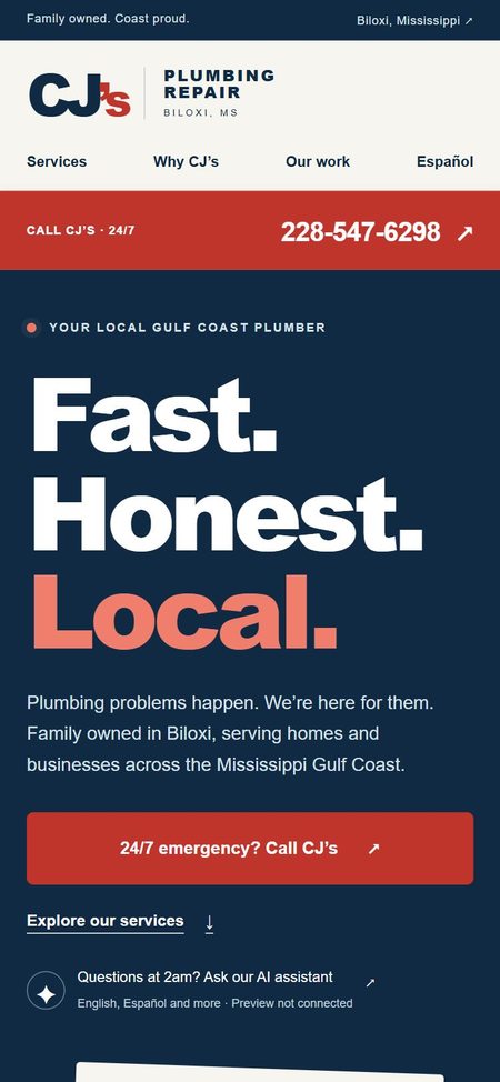 CJ's Plumbing website on a phone.